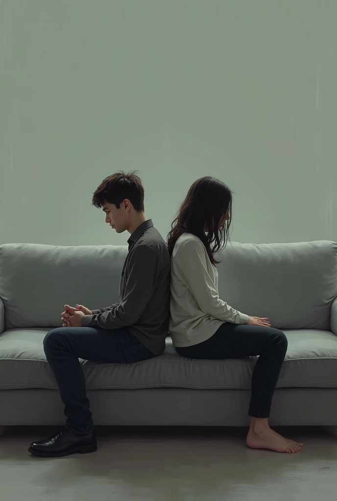 they are sitting on a sofa talking on their cell phones, sofas vibrating and melting, grappling, unknown, sitting not sofa, sitting on a sofa, couple, man and woman, man and woman, emotional conflict, controversial, Melting sofas, male and female, Impairment, preoccupied, looking partly to the left, sitting across the room, arguing