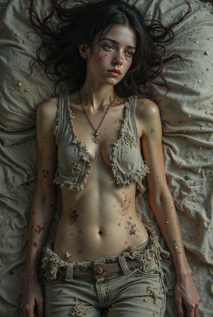 (photorealism:1.2), beautiful woman, 2 Clementine from Telltale Games the Walking Dead, 
 In an allyway,  after sex on a stained mattress, ruined vagina, 
 working as a prostitute,  nsfw, nude, long curly hair, soft lighting, trash in background,  relaxed pose, realistic, intricate details, warm colors,  Clementine is dirty,  has several STI, herpies infection on lips