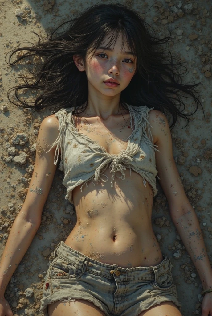  girl, bare feet, dramatic lighting, highest quality, movie stills, (Yang Mi, big eyes, very beautiful, healthy female body, (ragged), perfect face, looking at viewer, (black long hair) ( skin detail), [muscle], ((dirty)), (mud), (storm cloud: 0.7), (sunny: 0.6), dark, natural light, (direct light: 0.4), 8mm film grain, using Sony a9 II , 24mm lens, F/2.8 aperture, deep focus, (original), 8k