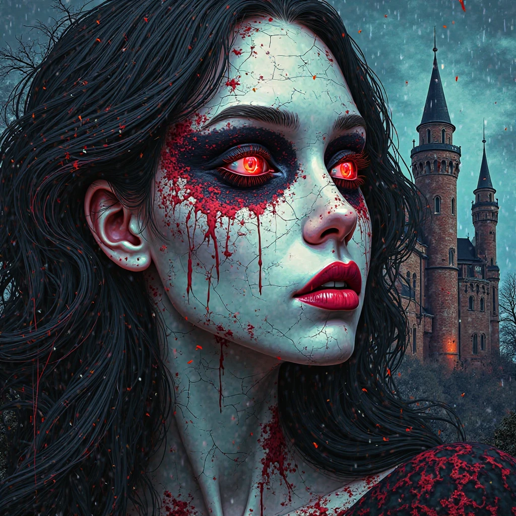 a woman with blood on her face and face painted in red, detailed 3d gothic oil painting, detailed 4k horror artwork, gothic mansion, gothic horror, horror fantasy art, gothic background, fantasy horror art, gothic fantasy art, dark fantasy horror art, gothic maiden, horror fairy tale, elegant horror artwork, horror surreal art, horror!! highly detailed