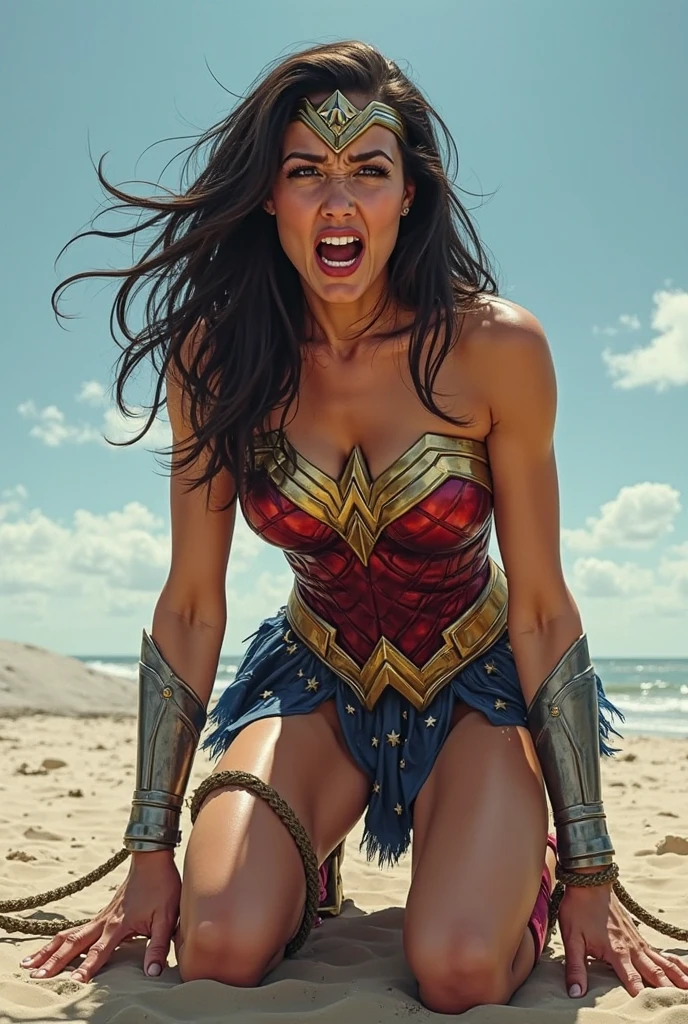 (masterpiece), best quality, expressive eyes, perfect face,(screaming gal gadot open thighs),(shoot from below),,manspread,camel toue,coverd nipples,arms behind head,clear sky,squatting,