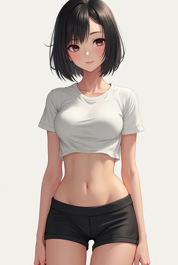 (1 woman), short bob, 18 years old, Japanese, brown eyes, brown hair, slim, (flat chest), white_t-shirt,(mint-green_bra_under_shirt:0.6),bra visible through clothes,