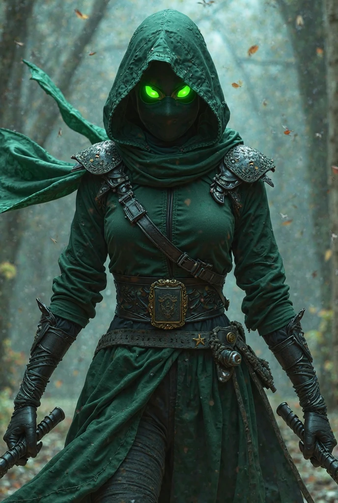 Pdoctor Woman, hood, belt, shoulder armour, bag, belt, bandages, goggles, plague doctor mask, standing, upper body, huge breasts, bare breasts, forest, dark, darkest dungeon, green gas, gas in the background, insanely detailed, beautifully detailed face, masterpiece, best quality