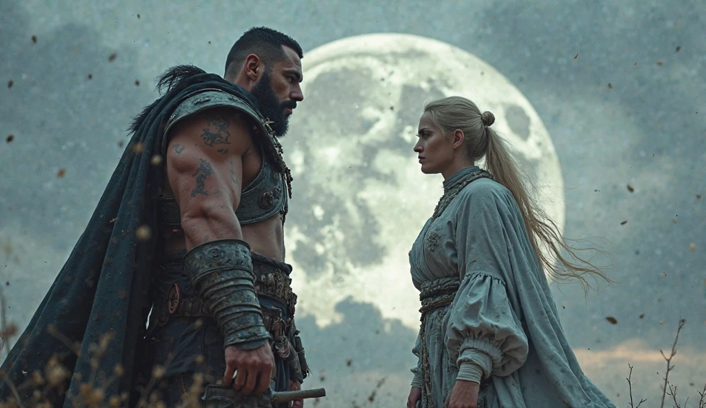 fantasy, night, deadly wounded nordic viking, IX century, warrior see a goddes in deadly amok, moonlite confession to goddes Freya, warrior confession, wounded and heavy bloody warrior, realistic, bokeh, immersive background of nordic fiords and battlefield at night
