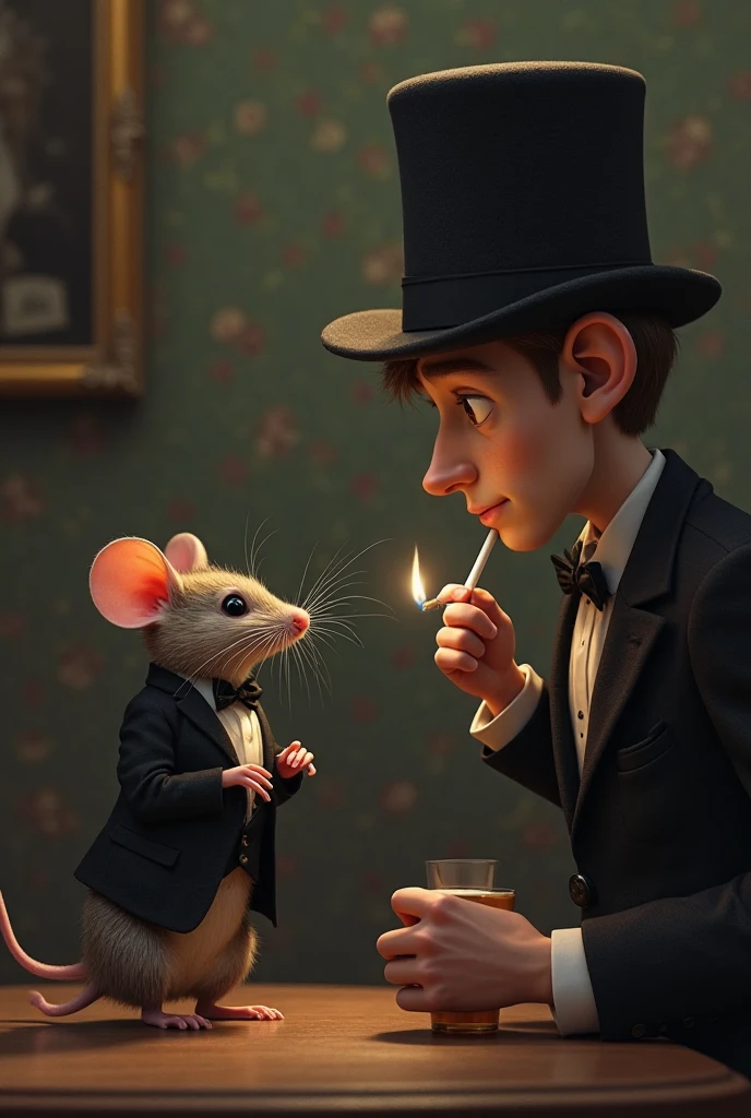 Cartoon illustration of an elegant magician with a playing card in his hat hugging a grey mouse  (Romantic)