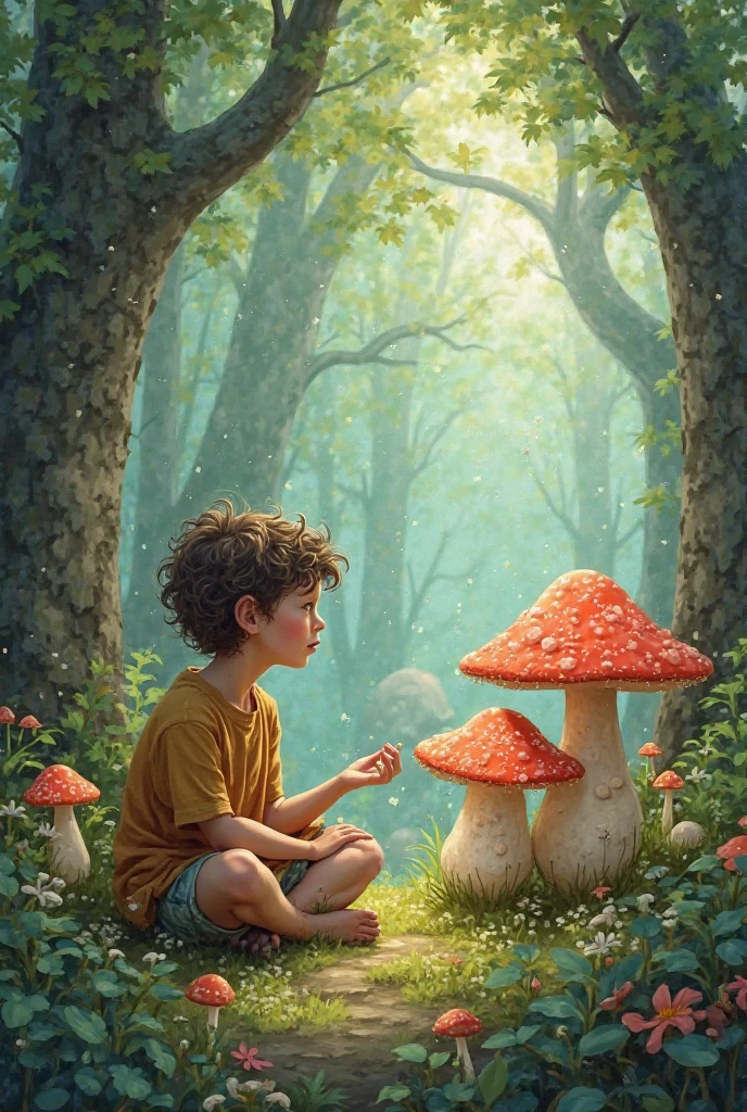 Cartoon illustration of a boy sitting under a mushroom in the forest, colorful kids book illustration, Colorful illustration,cute storybook illustration, children illustration, Children's book illustration, children's book illustrations, A beautiful artwork illustration, storybook illustrations, Cute detailed digital art, colorful illustrations,Rich in color,Fantastic forest scene,There are also many small animals