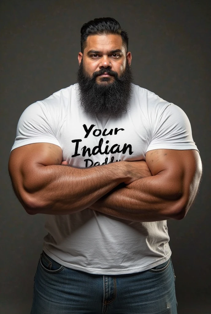 An indu maraha with a turban on his head without a shirt a macaw on a shoulder full length obese bodybuilder with a very oiled body a sweaty smiling old man with a shaved head and big gray mustaches extremely muscular and extremely fat over 70 years old who weighs over 600 pounds very muscular very hairy large pectorals with dark nipples gynecomastia in front of a ruined temple in the jungle wearing only a cotton skirt
