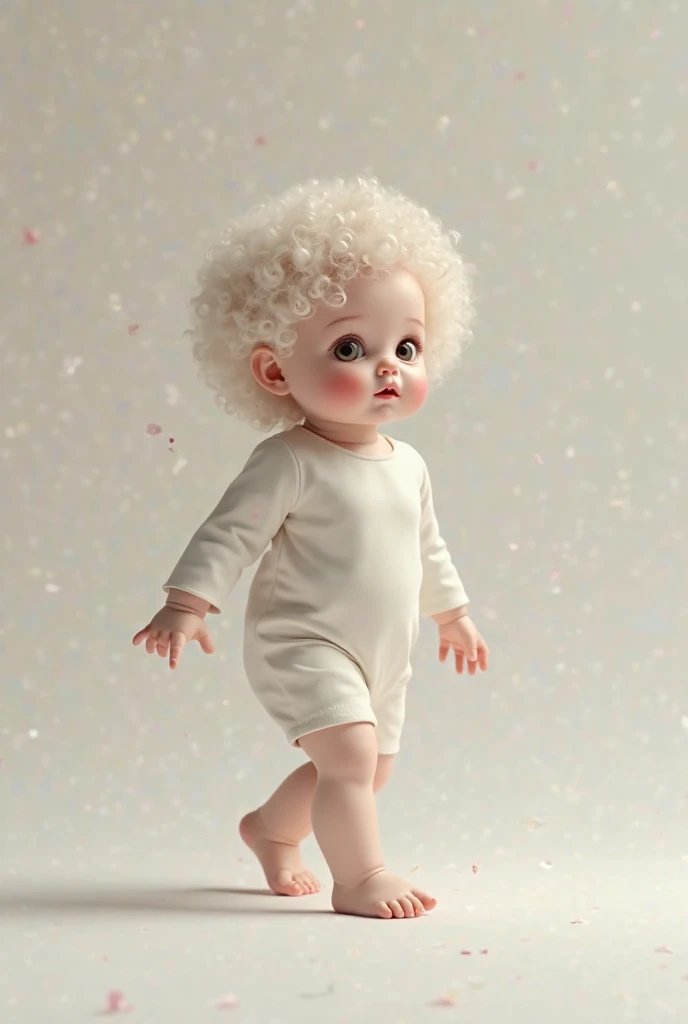 A   that looks like a doll She has curly hair, big and silky. She's walking sideways Hyperrealistic image 