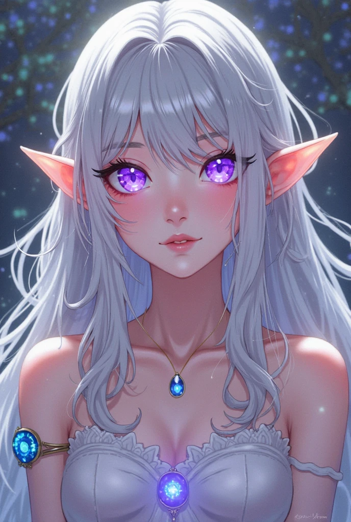 Lucy heartfilia from fairytail with lavender eyes, platinum blonde hair but long, and elf ears with a tony crystal diamond shaped silver gem on her forehead in the middle, pretty, sexy, fair skin
