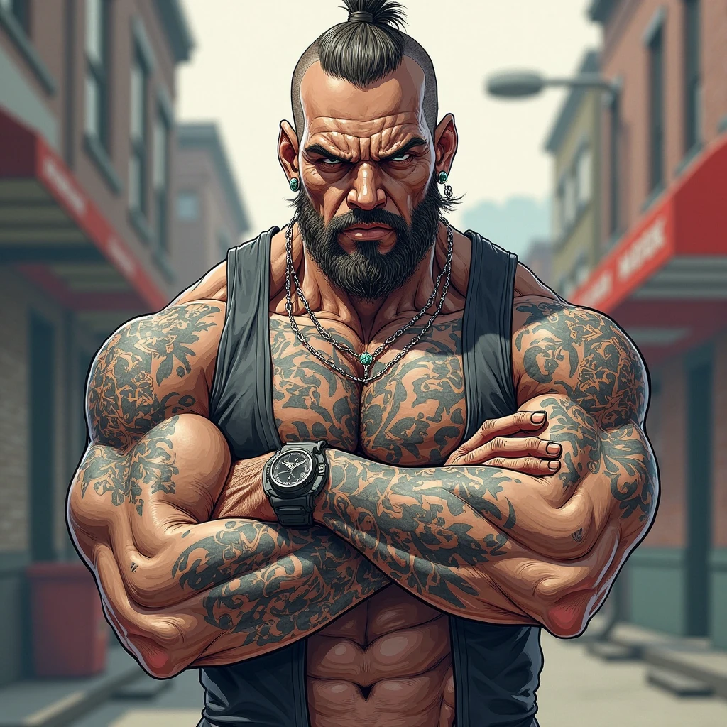 Create a cartoon of a somewhat strong man with one arm covered in tattoos and bald!