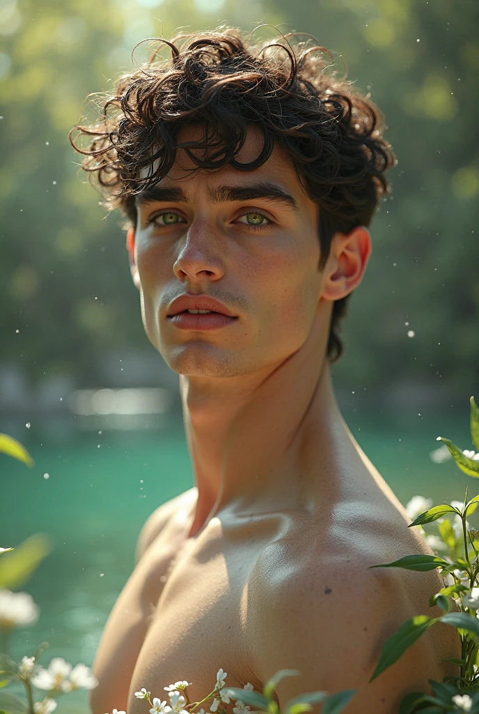 male with dark brown hair and dark brown eyes lying down without shorts or a shirt