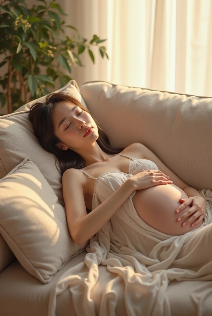 Japanese woman in kimono，Lying gracefully in the dreamy light、Pregnant woman with big belly、One hand pressed tightly against the belly、She had a painful expression on her face，look at me，Labor is in progress.