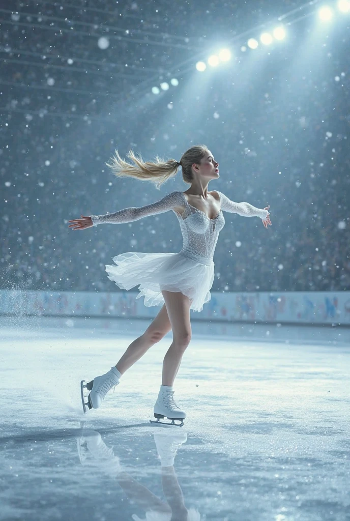 masterpiece,best quality, high detailed,realistic,midshot,1girl, bellissima, a graceful and sexy skater on an icy rink,by Annie Leibovitz