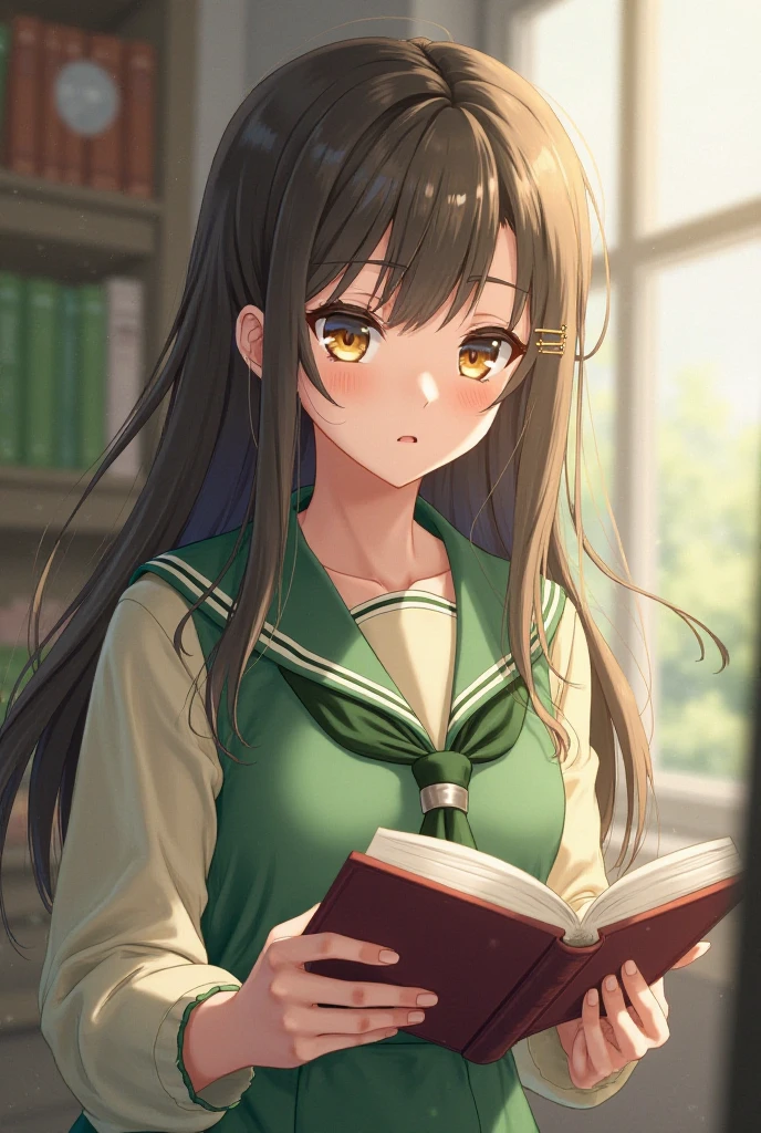 score_9,score_8_up,score_7_up,<lora:PDFA_Style5118164398:1>,1girl,solo,looking at viewer,blurry,:o,black hair,blonde hair,blurry background,blush,book,braid,brown eyes,buttons,collared shirt,depth of field,dress shirt,flower,from above,holding,holding book,indoors,long hair,long sleeves,necktie,on chair,open book,open mouth,plant,potted plant,shirt,sidelocks,sitting,standing,sweater,teeth,turtleneck,turtleneck sweater,twin braids,upper body,upper teeth only,white shirt
