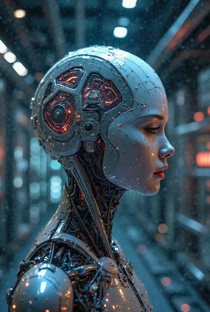 cinematic photo shoot of organic brain encased in a cybernetic clear skull head of a beautiful alluring female alien species [Maude Adams:Margot Robbie:0.5], at the spaceship enhance cyborg laboratory, detailed face, insanely detailed and intricate, digital painting, artstation, concept art, smooth, sharp focus, hyper photorealistic illustration, art by Don Lawrence and Frank Bellamy and alphonse mucha, 32k,