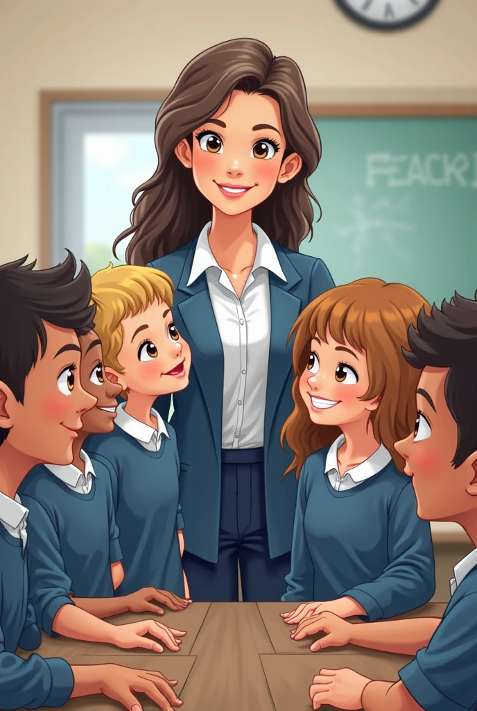 (((Threesome, 1 female in pantyhose, 2 male students))), UHD, photorealistic, 2 naked male teenagers stand on either side of the teacher wearing backpacks with cocks are showing, sexy teacher wearing an open silk blouse, skimpy leather skirt that is pulled up around her waist to expose her sheer black pantyhose, (((female teacher (30 yrs old) is sitting on a desk with her legs open))),  2 (teen) students are standing beside her, obvious age difference between teacher and students,  pre-gang bang, young men grab her knees and open her legs to show her shaved vagina that is visible through her sheer pantyhose, makes fondle her and touch her pantyhose crotch, shaved vagina is visible through her sheer pantyhose,  perfectly drawn hands,  her arms are around them, she caresses their heads with her hands, classroom 