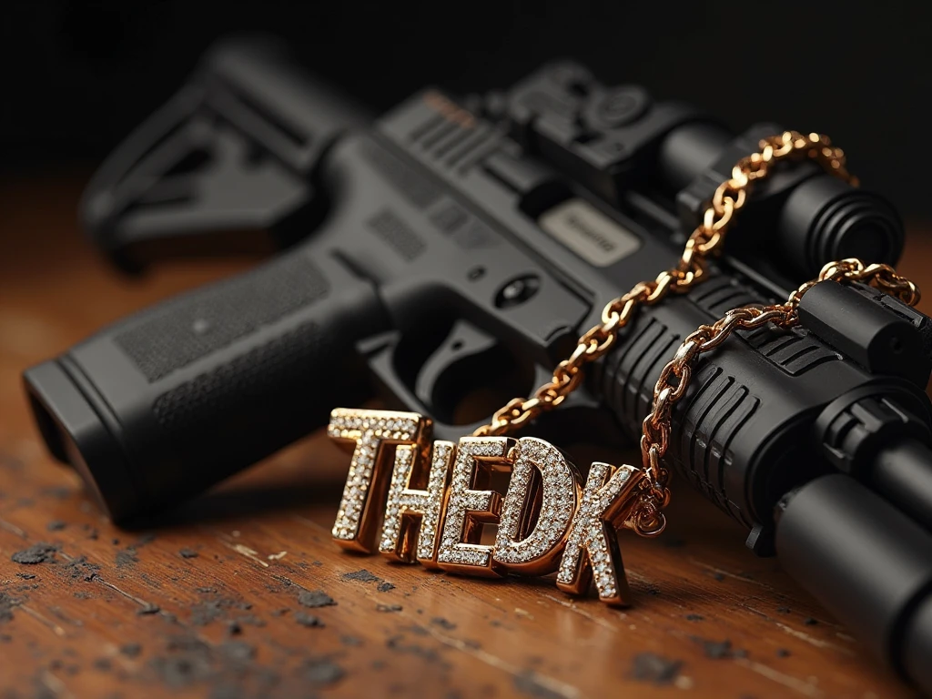 I want an image of a Cuban rose gold chain with diamonds that has a pendant with the name (THEDK),The background is a wood-colored table with a Glock 17 and an aka 47 assault rifle, That the background of the image is black , realistic, exclusive, The image that has a resolution of 4k, Make it a unique image in the world