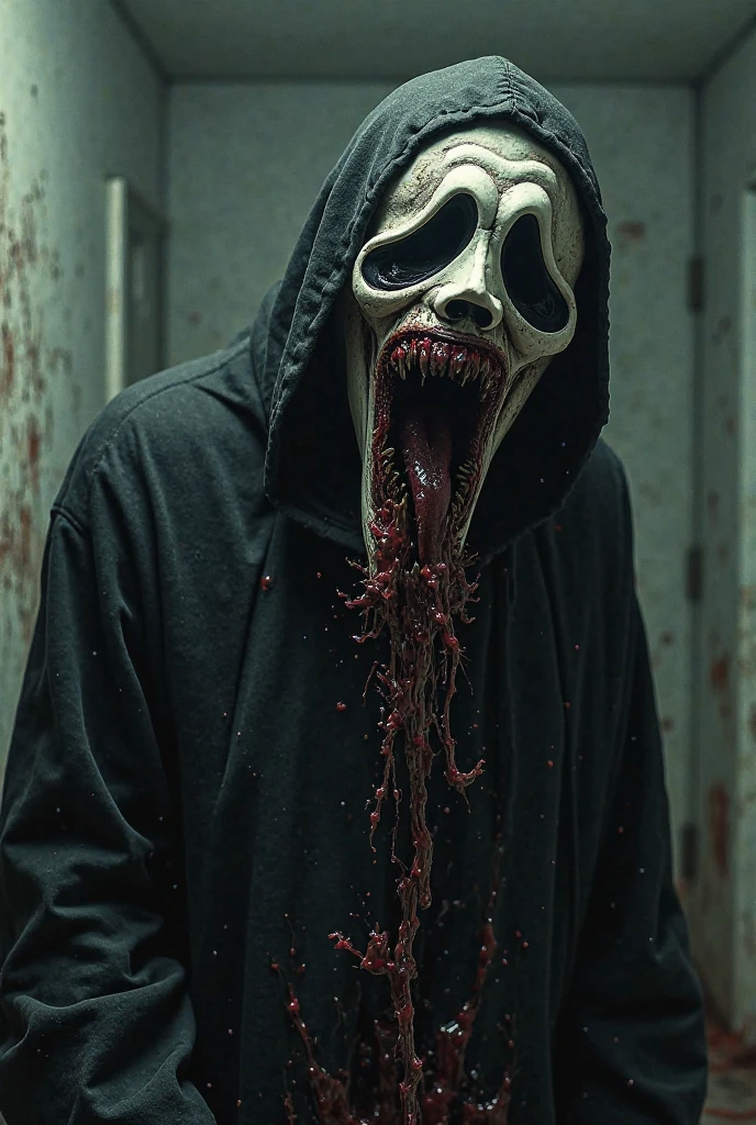 A figure clad in a white Ghostface mask stands in the center of the frame, a bloody knife clutched tightly in their hand. The figure's sinister grin is illuminated by a harsh spotlight, casting deep shadows that accentuate their menacing features. The pristine white mask is now marred by crimson stains, while the metallic glint of the knife reflects the eerie glow. Bloodshot eyes stare intently into the camera, revealing rows of jagged teeth bared in a chilling snarl.