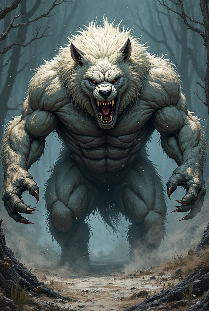 Angry Giant White Werewolf Muscle in the Middle of the Night with a Full Moon, Realistic, Full HD, Best Quality