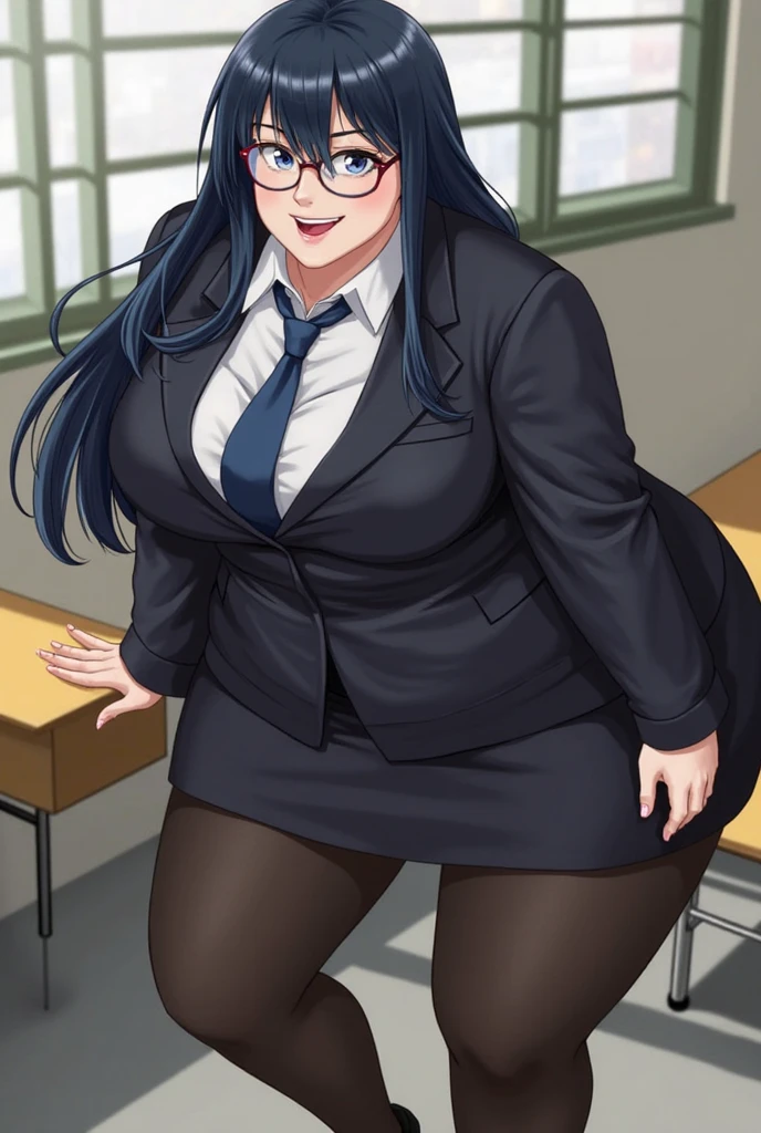 (masterpiece, highest quality:1.2), solo, 1girl, 35-year-old, mature woman, blue eyes, long black hair, 35-year-old woman, plus size body, BBW, fat rolls, fat woman, fat figure, smiling, looking at viewer, (Wearing: grey business suit, tight black skirt, black pantyhose, High heels), Indoors, mansion, shelves filled with books