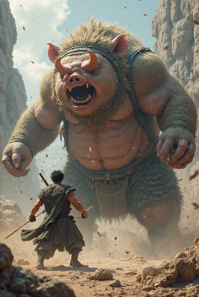 Create a large half-pig, half-human creature standing on two legs, which has large horns and two large swords in its two hands, He has a large muscle mass and is of great size as he roars in anger, A man with average muscle mass is prepared to kill him, has black armor, a big sword and short anime style hair