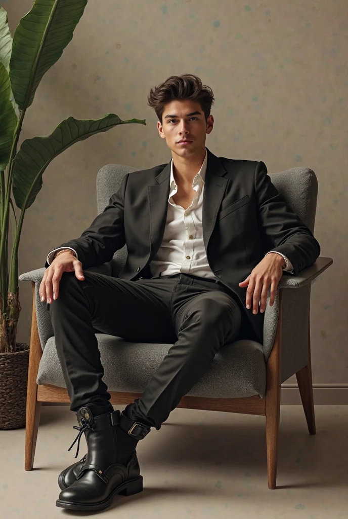 Un hombre (29 years old) alto de estatura, cabello corto color negro, rizado de las puntas con brillos azul oscuro, ojos verdes claros, piel clara, traje clasico con un estilo moderno, pendiente en una oreja, reloj elegate en una mano, zapatos comodo pero clasicos, sonrisa encantadora, en un ambiente escolar de universidad.