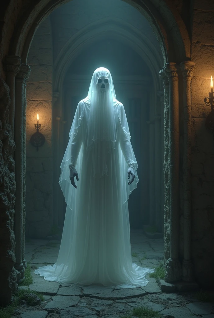 photo of a transparent ghost, transparent fullbody, in a crypt, eerie lighting, chilling expression, bones and skulls strewn about, frightening aura, perfect photo, detailed, Photorealistic, best quality, 8k, HD, DSLR, Fujifilm XT3, award winning