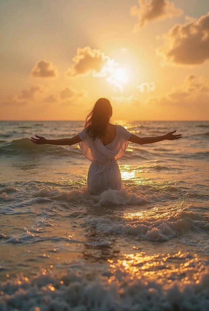 This image depicts a painting of Jesus Christ walking on water with his arms outstretched upwards worshiping heaven. The scene is peaceful, with clouds in the sky combining the colors sky blue and sunset orange and a sense of tranquility. The colors of the painting are mainly earth tones, with warm orange accents.Bird's-eye view:, Nikon D850 camera