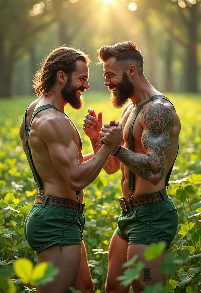 Two handsome men, one is skinny and white and the other is handsome, collecting fir trees in the jungle 