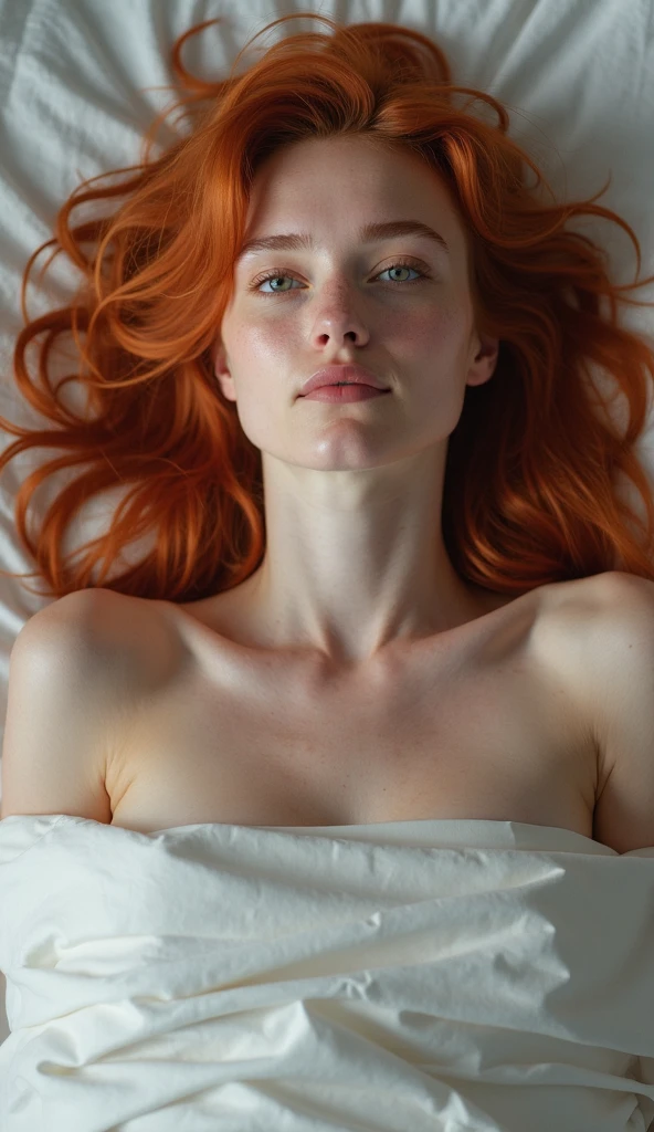Redhead girl in bed dressed provocatively. wavy ginger. Circular British face. Innocent face. 19 years old. slim. small chest. freckled. natural ginger. Angelic face. Macro. Ultra realistic. Lying down. Realistic