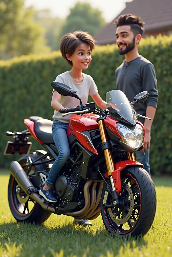 The boy on a motorbike chased after the girl. The girl ran away with a scared and panicked expression on her face, and the boy's face was gloating.