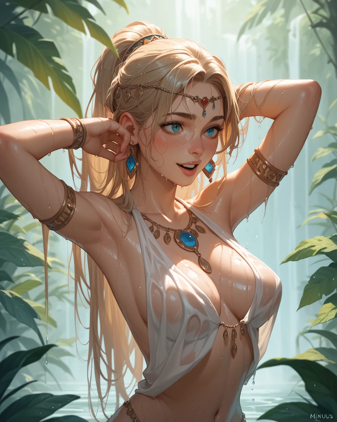 (lifelike, high - resolution:1.3), 1 girl with a perfect body,slender body, Super fine face and eyes,assasin, dark makeup, shiny skin,white hair, (jungle bikini, animal print micro bikini),Expose cleavage, (bracelets, tooth jewelry, a lot of necklaces, very long necklaces, necklaces down to stomach, body chains, waist chains), leaning forward, greatsword