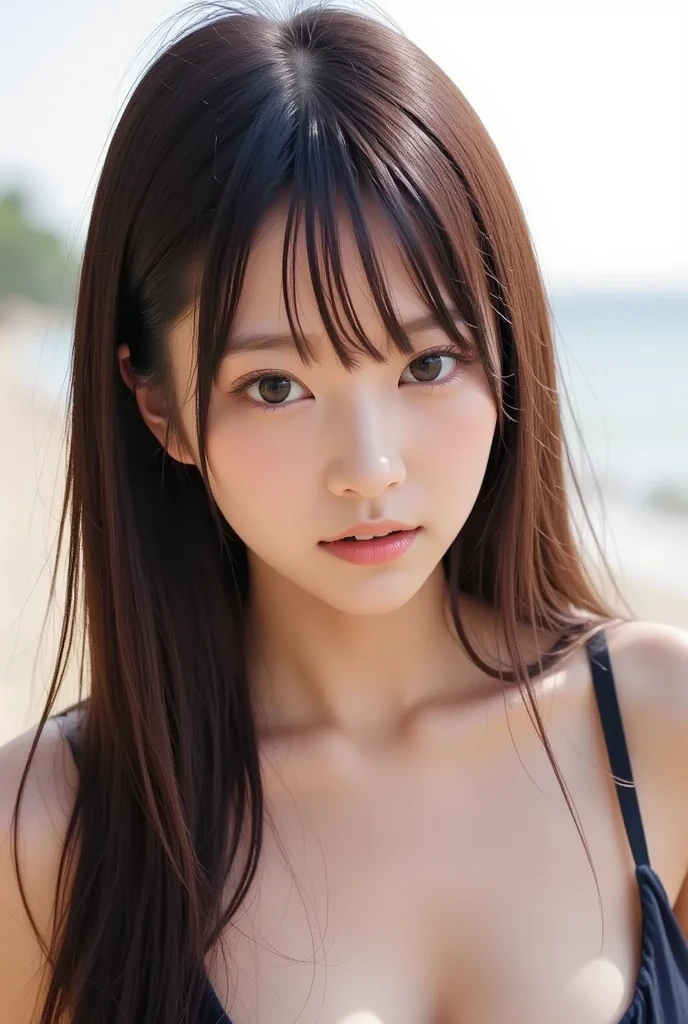 Beautiful Japanese Women Intricately colored fine hair Brown Hair Long Hair Delicate and beautiful eyes Smooth and soft skin A kind smile Small breasts nude standing on a beautiful beach Asahi Professional Photographer Professional Lighting