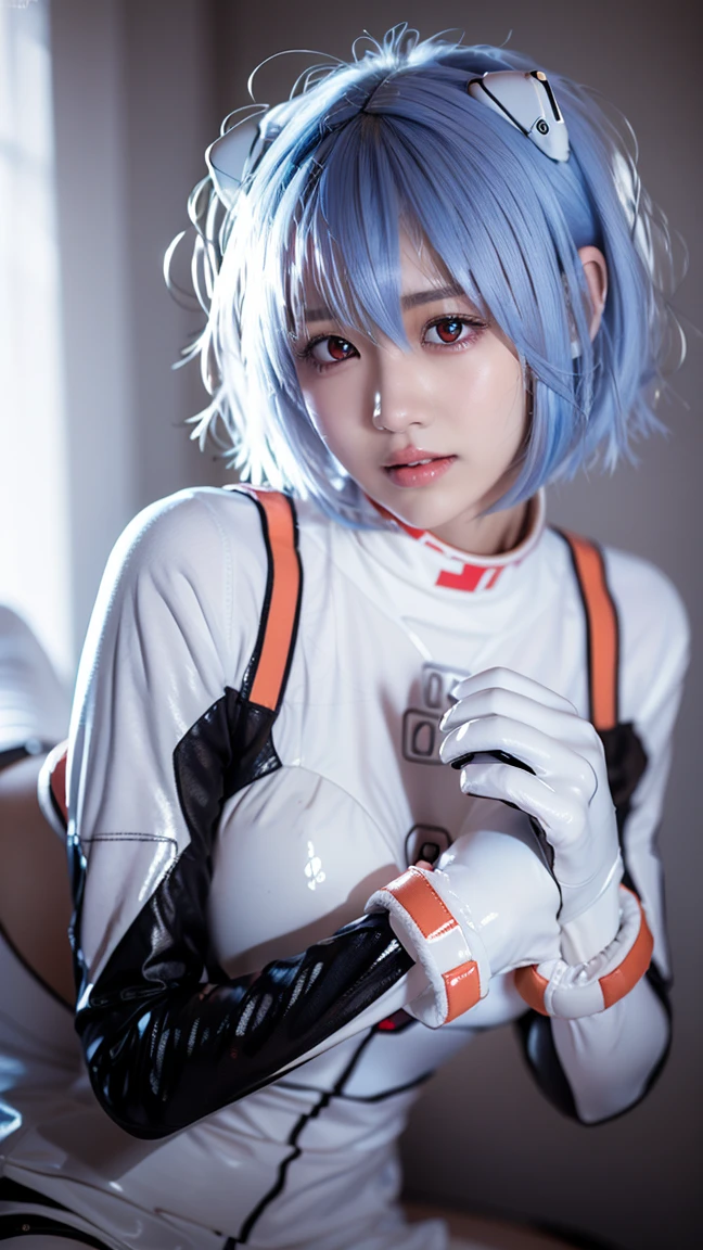 (One Girl:1.3), Japanese high school students, Great face and eyes, Looking into the camera, A joyful smile、Showing teeth、 (Highest quality:1.4), Very detailed CG 統合 8k 壁紙, Very detailed, 高解像度のRAWカラーphotograph, プロのphotograph撮影, Realistic full body shot, Studio shot、Portrait of sexy girl, Open exterior, Ultra-high resolution,Highest quality,photograph,4K,(Realistic:1.2),One Girl,:d,ayanami_Cosplay_Costumes,Plug Suit,Blue Hair,Ayanami Rei,Pilot Suit,Cosplay,Interface Headset,Hair Pod,gloves,Braces,Perfect fit for your skin,((((((short hair))))))、slim