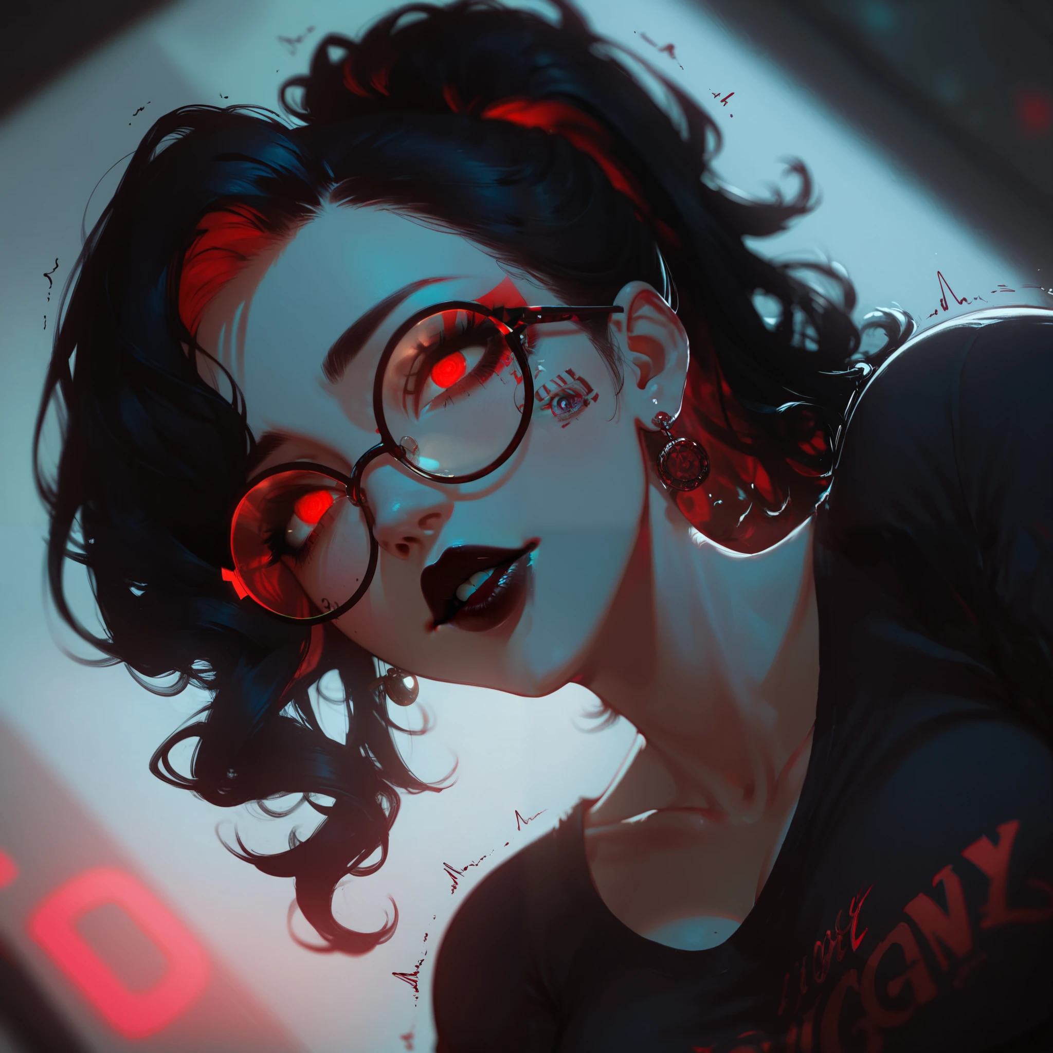 pale skin with a slight blue tint, black loose T-shirt, neon luminescent tattoo, red expressive eyes, pink round teardrop glasses, ponytail hairstyle, curly silky black hair with a red tint, black lipstick, makeup, juicy_massive_firm breasts, dramatic light and shadow lighting, dramatic depth of field, sharp contrast blur, sharp focus, sharp angle, broken angle of view, luminescent effects of body movement, trembling, hypno plasticity,