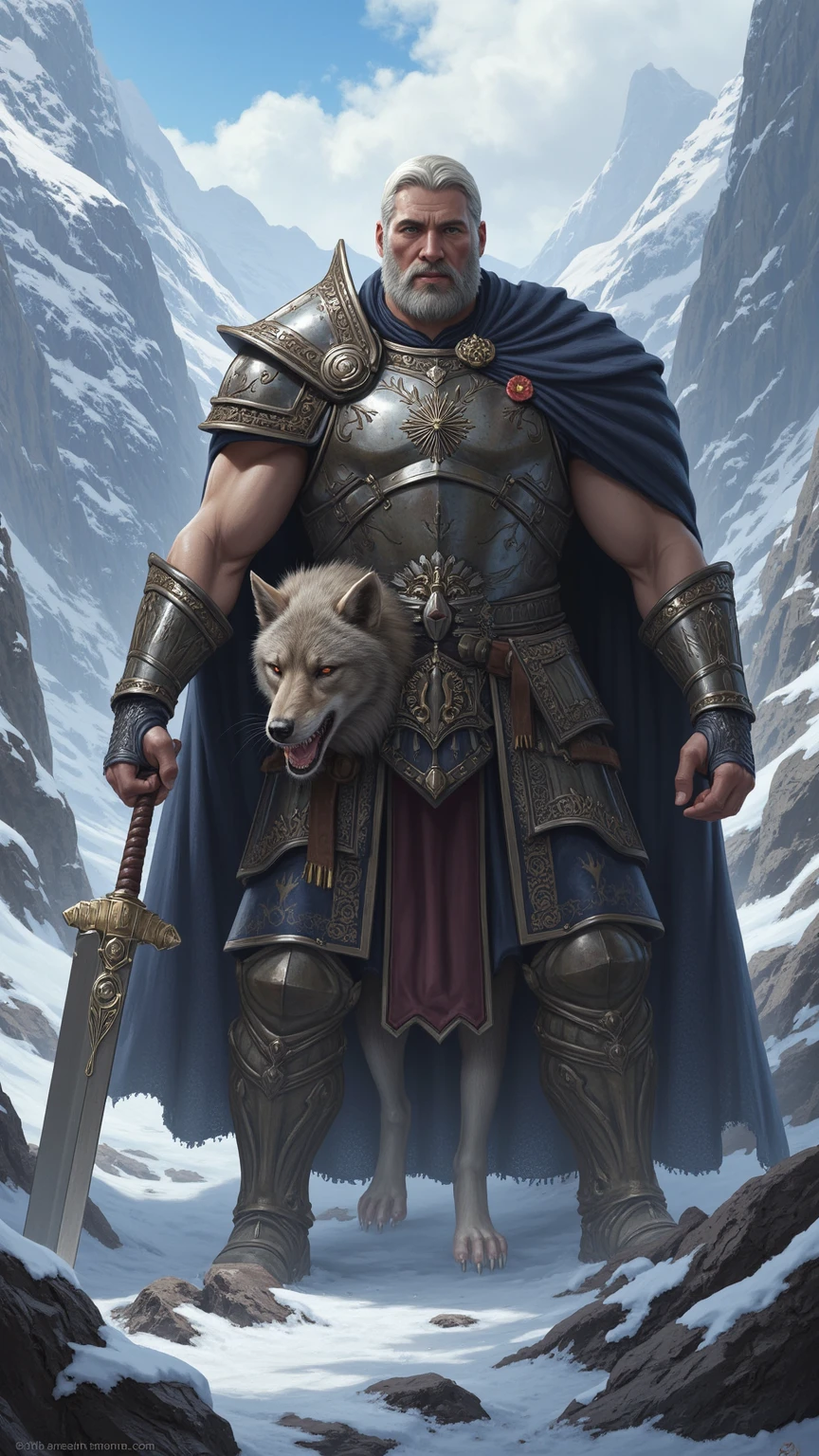 A half-human, half-giant being, medium-sized, muscular, armed with two poisoned daggers, with a shield on his back, wearing a bloodstained cloak, a mythological animal as a pet, seeing a castle in the distance