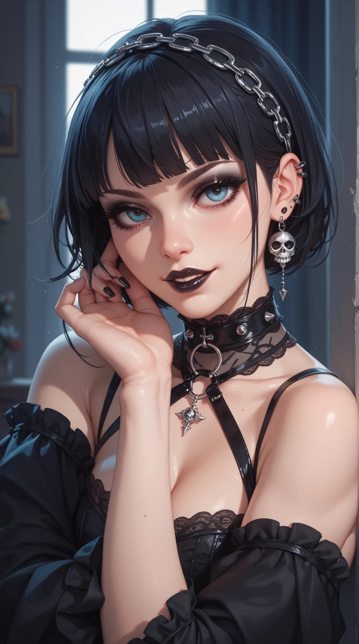 anime、pretty girl、Highest quality、10,000 beautiful hairs、Goth looks beautiful、Please note down all the details carefully、Black nail polish