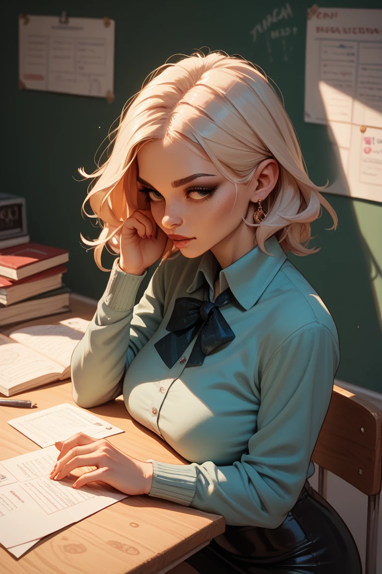 { masterpiece : best quality : high resolution : unity 8k wallpaper : illustration : beautiful detailed eyes : extremely detailed face : perfect lighting : extremely detailed CG } { in a dark creepy library } { Sabrina Spellman : : platinum blonde short hair with red hairband : perfectly small shape breast : freckles : perfectly fit body :red turtleneck shirt : red skirt : studying : sitting at a study table }, looking at viwer