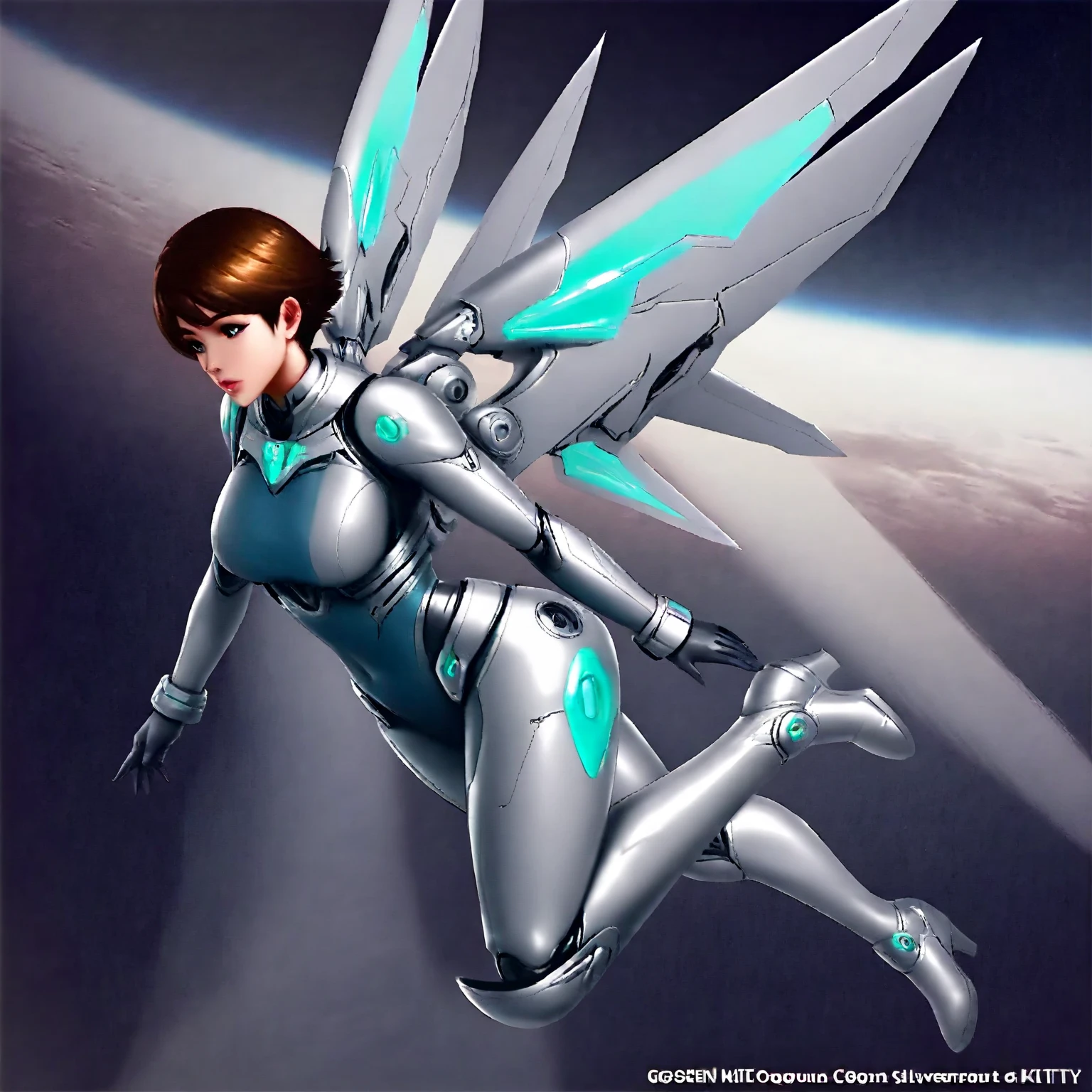 Luciwilde is a sexy cyborg with a entirely electric purple metallic body(obviously mechanical), metal helmet stylized as a fashion model hairdo (no hair visible), and a completely human face. She is flying through space propelled by jets in her feet. She has a guitar with a laser rifle built into it. Full body shot, show all of her, action pose with her weapon, best quality, extreme attention to detail, beautiful face

