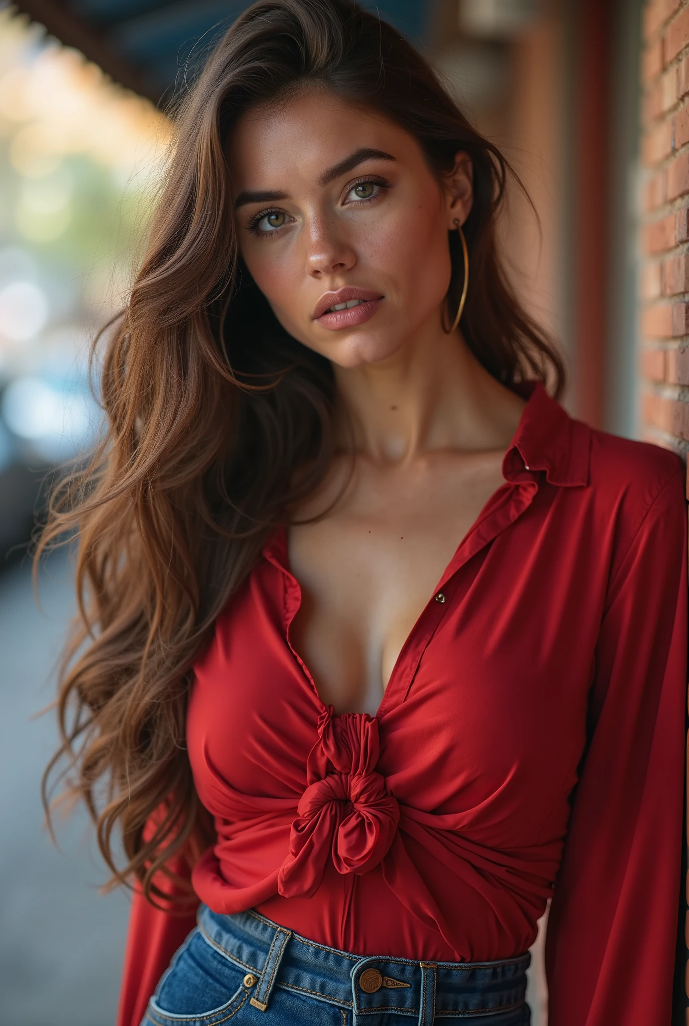 <lora:Helena:.7>, seductive expression, expressive , seductive, sexy, aroused, upper body, at front, portrait, simple background, dark background, <lora:GoodHands-vanilla:0.8> better_oppai, large breasts, , long hair, Chrome cat eye liner, earrings, necklace, Caramel velvet lipstick , Road Sign Brown blouse