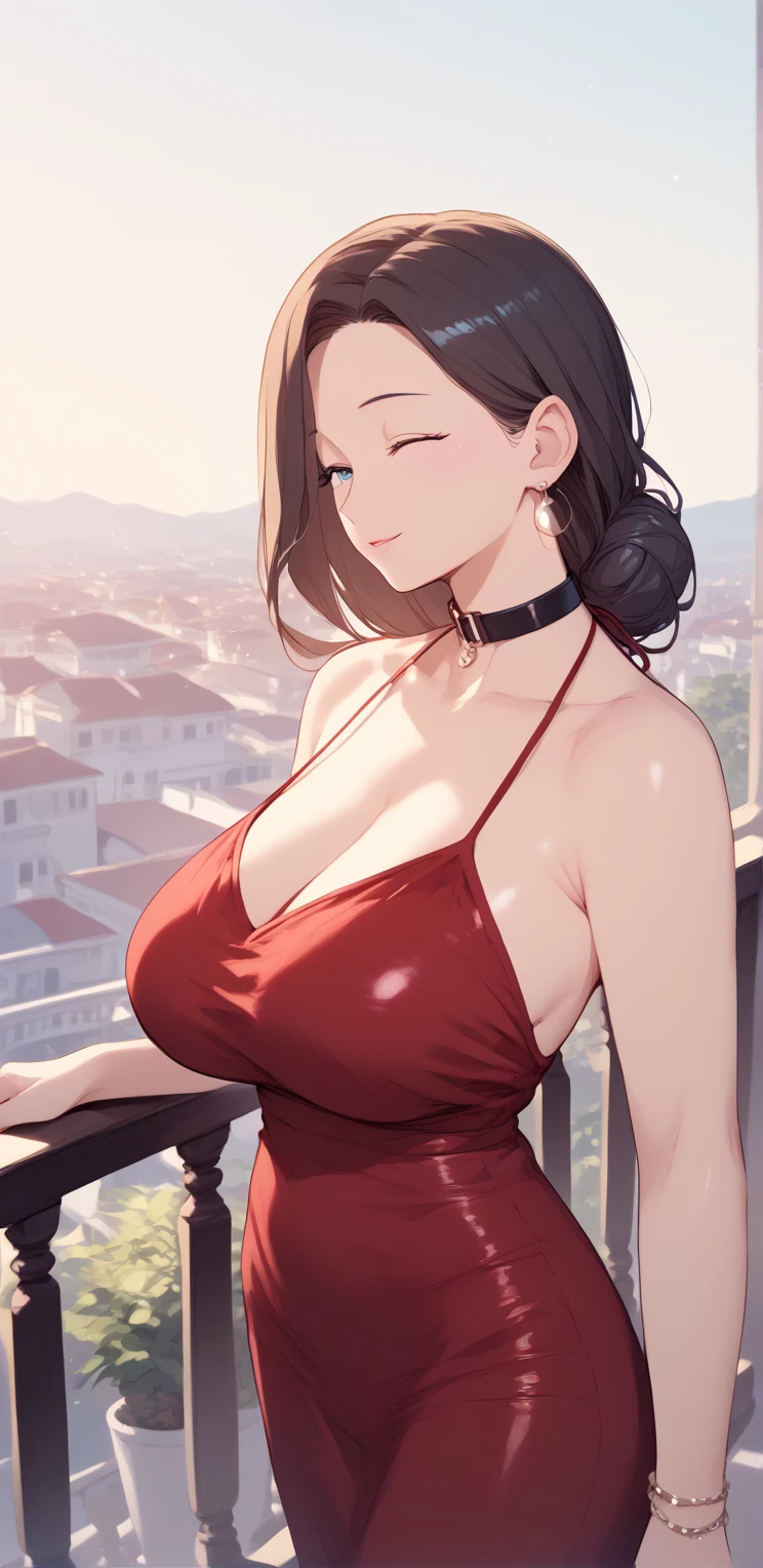 (Masterpiece, Best Quality:1.2), Alone, 1 girl, my kisaragi, Expressionless, Closed mouth, looking at the viewer, of collections, by rubio dorado, glasses, seductive, sexy, landscape greece, sexy red dress sexy, big breasts, huge tits, sexy dress, blushing, large eyes, gray eyes