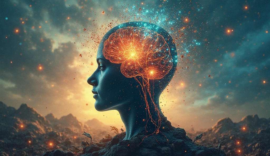 Man with half head showing brain and half head with hair and in his hand a human brain
