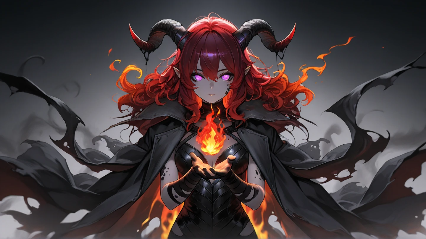 A fantasy evil female character with dark, wavy red hair and glowing purple eyes. She has large, curved, black ram-like horns and pointed demon ears. Her skin is a black, grey tone, and she wears a dark, open cloak draped over her shoulders. tentacles with black spots wrap around her body and hands, symbolizing death and magic. She holds a burning red flame in her hand, gazing evil. The style is detailed and realistic with a heavy , ethereal grim glow, and a flaming gradient background. high detail, high quality, best quality, masterpiece, 8k