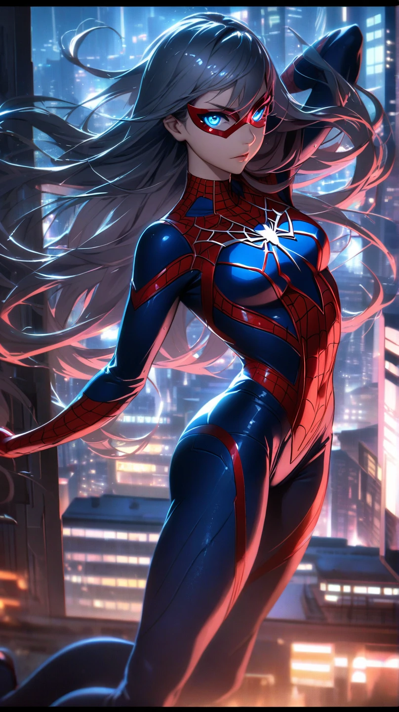 (Masterpiece, 4k resolution, ultra-realistic, very detailed), (White superhero theme, charismatic, there's a girl on top of town, wearing Spider-Man costume, she's a superhero), [ ((25 years), (long hair:1.2), full body, (blue eyes:1.2), ((Spider-Man pose),show of strength, ((sandy urban environment):0.8)| (cityscape, Explanation: The Prompt mainly describes a 4K painting of ultra-high definition, very realistic, very detailed. It shows a superheroine at the top of the city, wearing a Spider-Man costume.