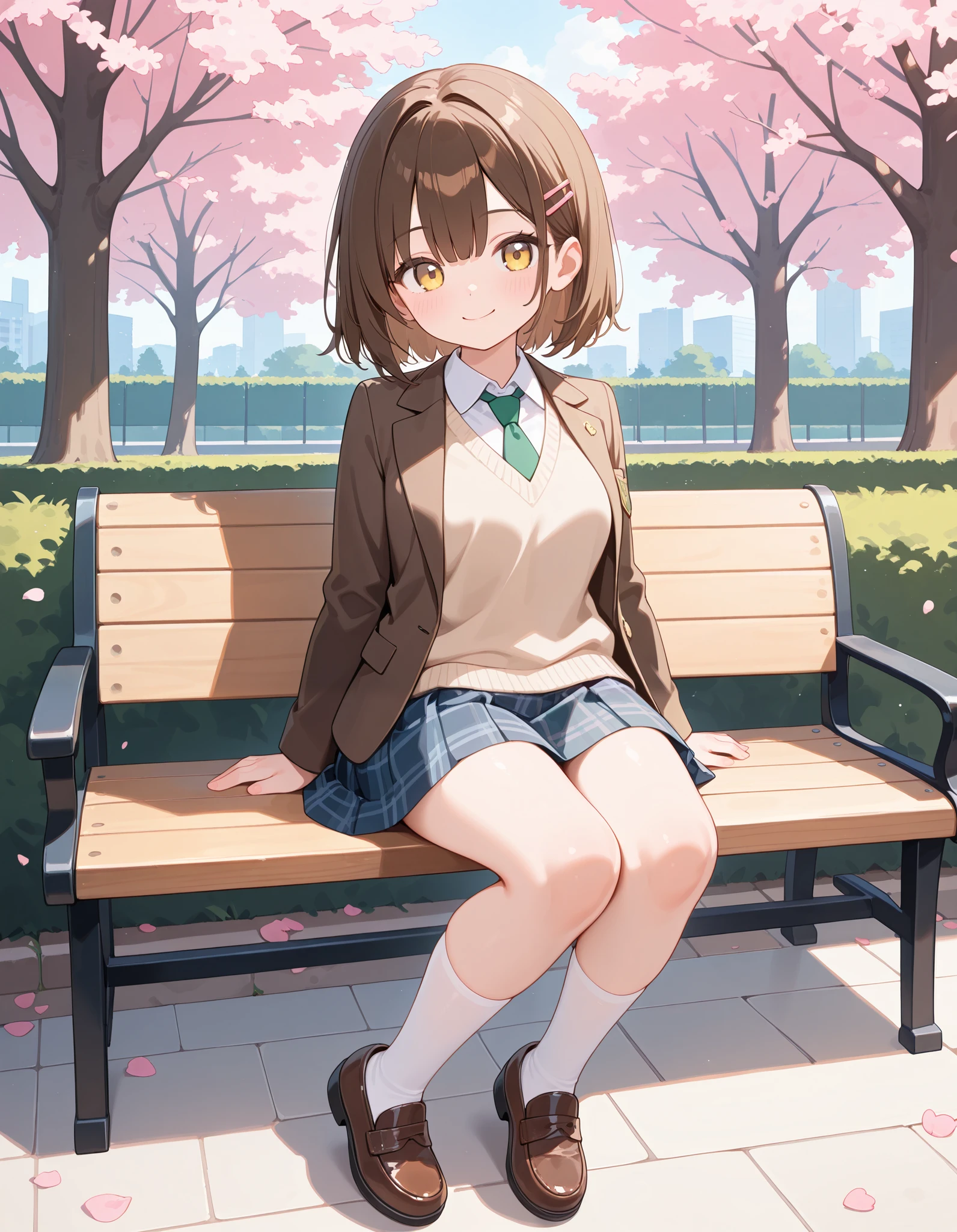 <lora:projectSekaiShinonome_enaFinal:0.7>,  1girl, forest, sitting on bench,  iom, beautiful eyes bob cut,medium hair,side braid,asymmetrical bangs,sidelocks,  school uniform, blue plaid skirt, yellow cardigan, pantyhose, loafers,  medium breasts, sitting, looking at viewer, from below,