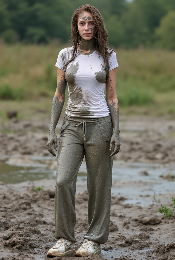 Gorgeous European blonde women, age 23, wavy hair, tanned skin. They're wearing tight t-shirt, (skinny dirty muddy washed-out leggings:1.5), hiking boots, sunglasses. Cat fight in the mud. Perfect body, perfect hair, perfect pussy, blurry foreground, UHD, retina, masterpiece, accurate, anatomically correct, textured skin, super detail, high details, high quality, award winning, best quality, highres, 16k, 8k, sunset light.
