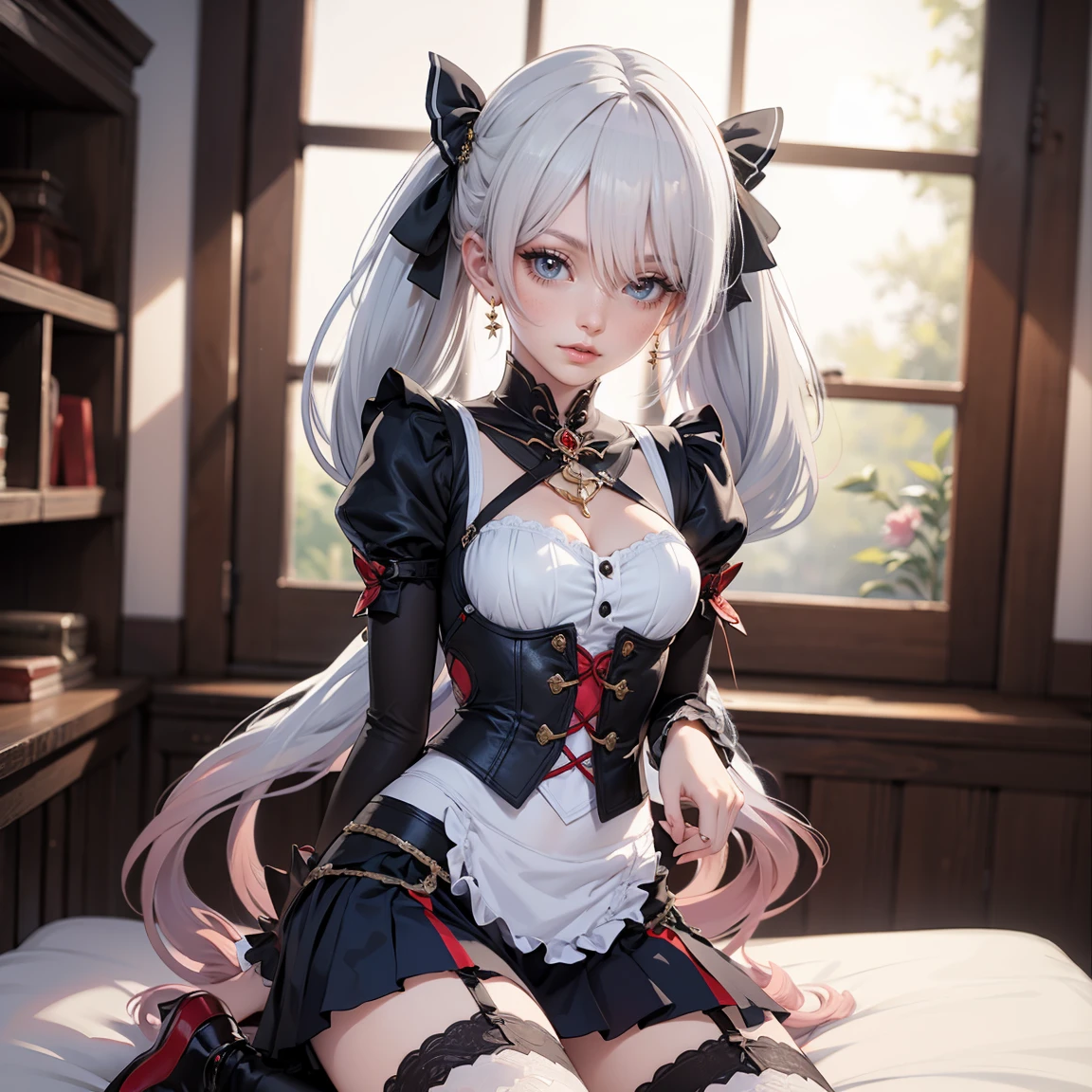 Arlecchino_(genshin impact), red roses, ornament hair, roses on her hair, maid, maid dress, maid headdress, maid apron, black hair, white hair, long hair, seat on a sofa, gothic style, gothic maid dress, black lantern, white dress, more details on her clothes, golden details, night, smiling, coat,