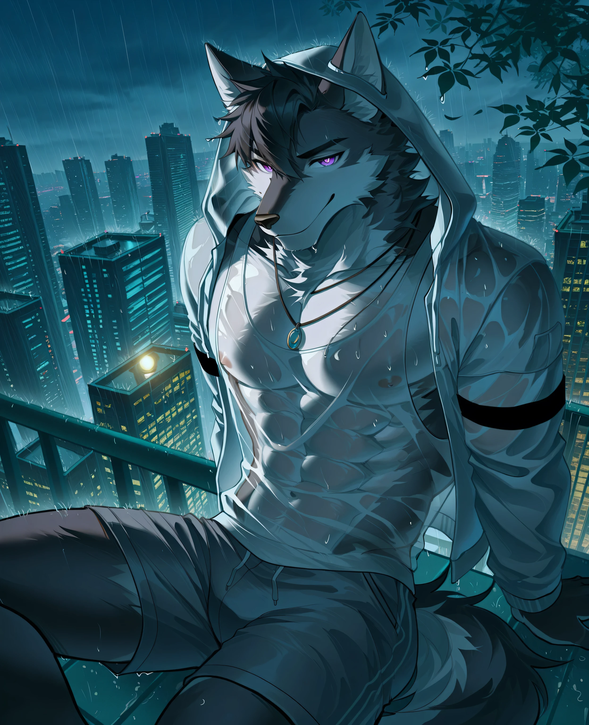 sfw,masterpiece,UHD,solo:1.2,highres,best quality,anatomically correct,furry male,male_focus,(wolf),collarbone,(black fur:1.5,black hair),short hair,black eyebrow,snout,(detailed eyes,violet eyes,detailed pupils,beautiful eyes),snout,animal ears,wolf ears,absurdres,shapely,handsome,wolf tail,cowboy_shot,(slender muscle:0.3),(open white jacket,wet tank-top,nipples,necklace,black armband,transparent grey shorts,transparent clothes,see-through_silhouette,hood on head),(5 fingers:1.1),(skinny:0.7),(peaceful face,seductive smile),cool pose,sitting on roof,leaning back,(on roof,buildings,in city,skyline,rainy,leaves in wind,),ray tracing,looking_at_viewer,from_side:1.3,(dim light,ambient light:1.2),bokeh,detailed background,Tyndall effect,(city scenery),((beautiful detailed background)),break,(wolftapioca:0.3,chung0u0,(by zwm:0.6),(lindong:0.8),(by null-ghost:0.8),huashijw,(asteroid_ill:0.8),(smile \(qd4nsvik\):0.9)),cg,highres,sfw