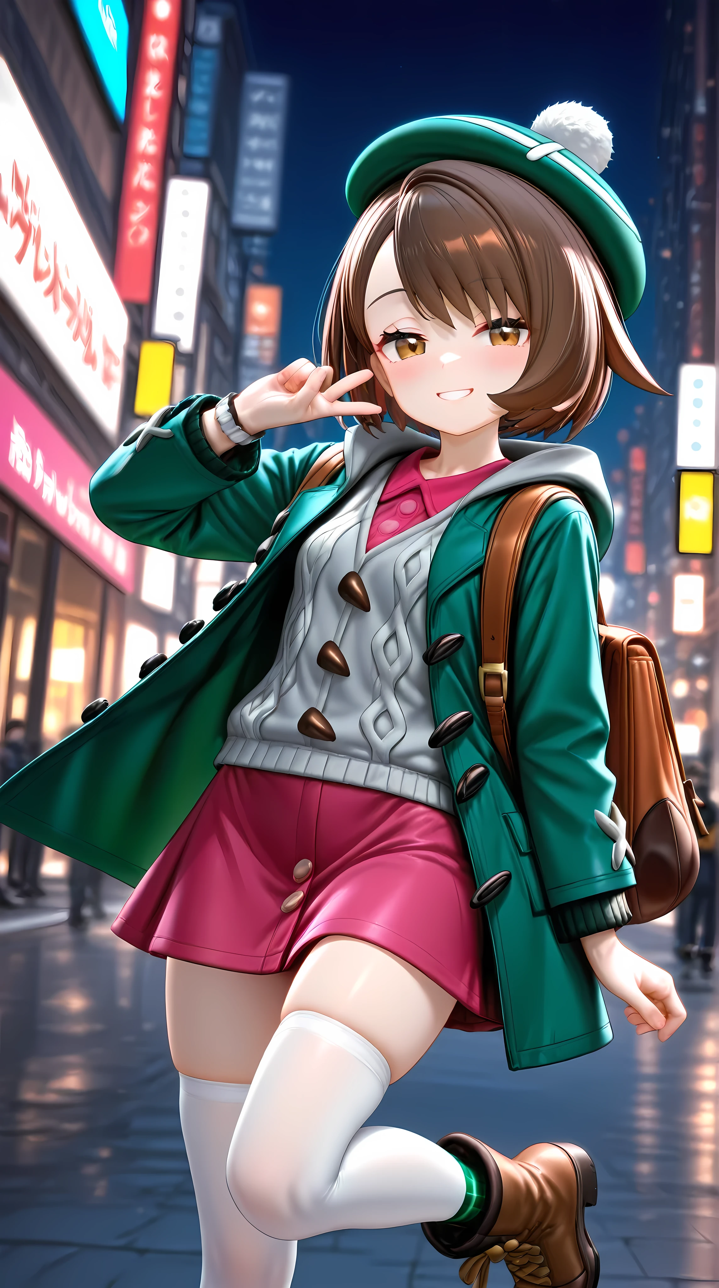 solo, 1girl, dynamic pose
BREAK gloria \(pokemon\), anime style
BREAK short brown hair, bob cut, bangs, hair over eyes, beret, green beret, gray hoodie, green coat, brown skirt, white thighhighs, brown boots, backpack, knitted sweater, buttoned coat, small breasts, seductive smile, naughty face
BREAK dramatic angle
BREAK outdoor, (night:1.1)
BREAK (masterpiece, super fine illustration, highly detailed), best quality, expressive eyes, perfect face, perfect body, newest, (saitou naoki:1.0), (healthyman:0.8), (atte nanakusa:0.8), (agwing86:0.8), (kani biimu:0.7), (neku oneneko:0.65), (hanenashi:0.65), (sincos:0.65), (ie \(raarami\):0.65), (as109:0.6), (egami:0.6), (aki99:0.6)