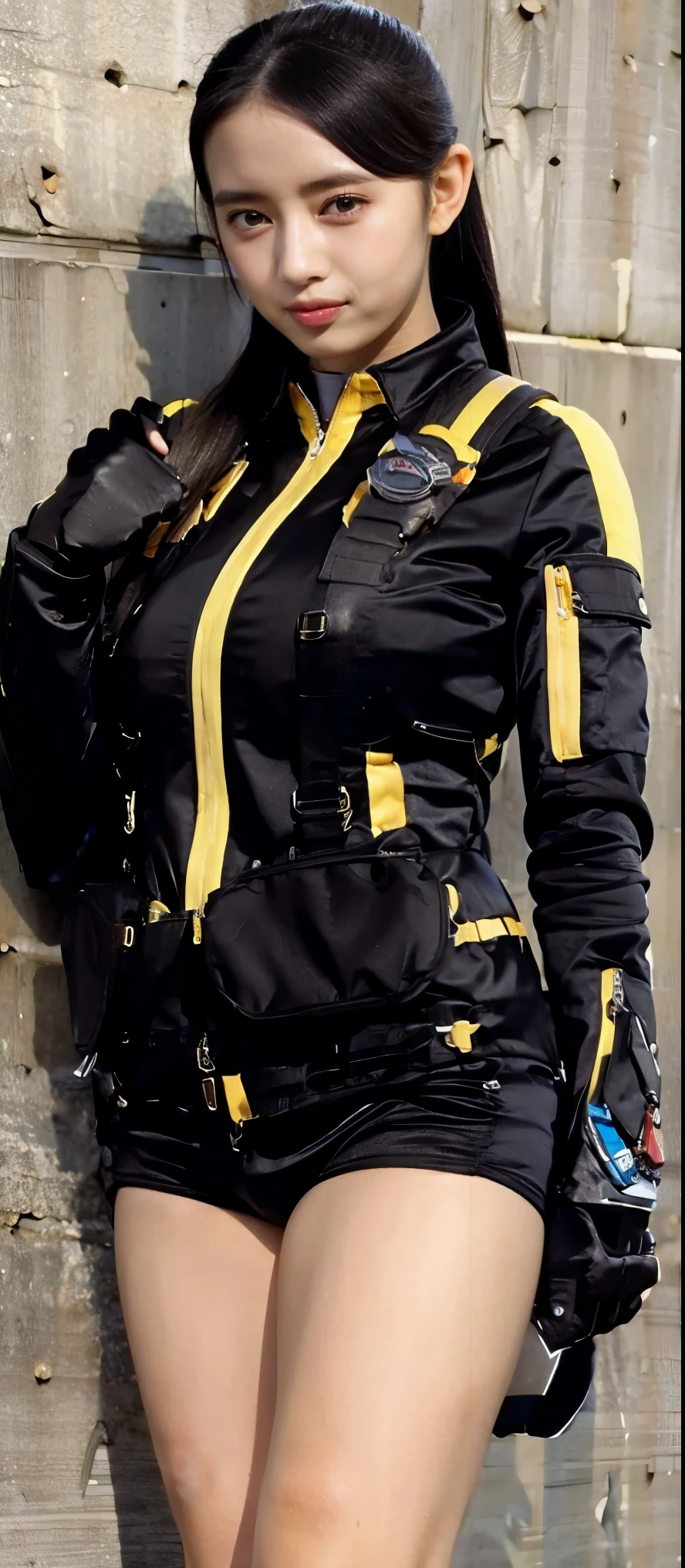 (  is very realistic), ( top quality), ((round,   SMALL AND PRECISE FACE  )),black gloves,wristwatch,black eyes,short shorts,black shorts, boots, gloves,jacket,shorts, black hair ,Big Breasts, Big Breasts, Adult Female , Her breasts are so big and plump   .,  , Clothes are perfect for your body ,beautiful skin ,The nose is small,Thin eyebrows